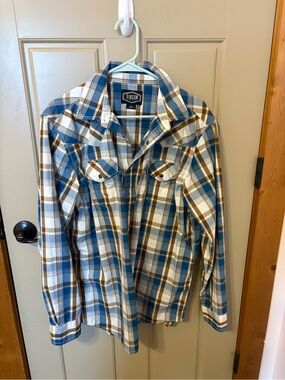 Gibson Men’s Blue & Brown Plaid Button-Up Shirt